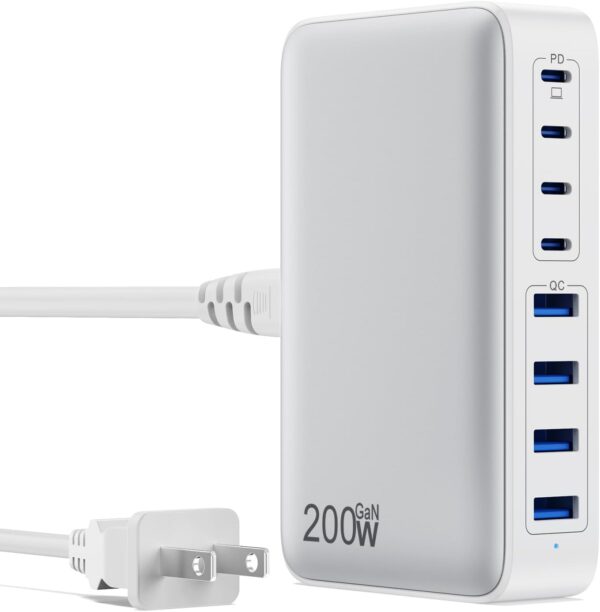 GKUTW 200W USB C Charger Block - 8-Port GaN III Fast Charging Station Hub with 65W PD for Laptops, Phones & Tablets